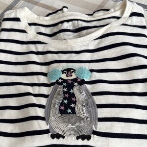 Talbots Black and White Striped Long Sleeve Tee with Penguin Design